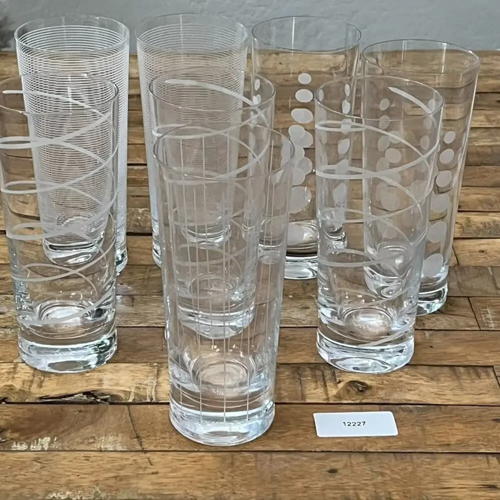 Mikasa Cheers Highball Glass Set of 8 Distinct Etched Patterns Dots Swirls Lines